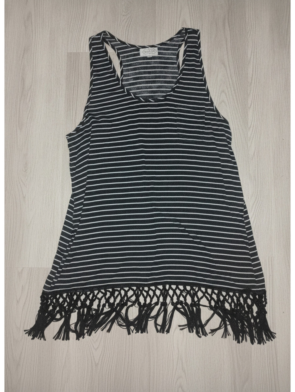 Mud Pie Black and White Striped Tank Top with Fringe Hem, Size Medium